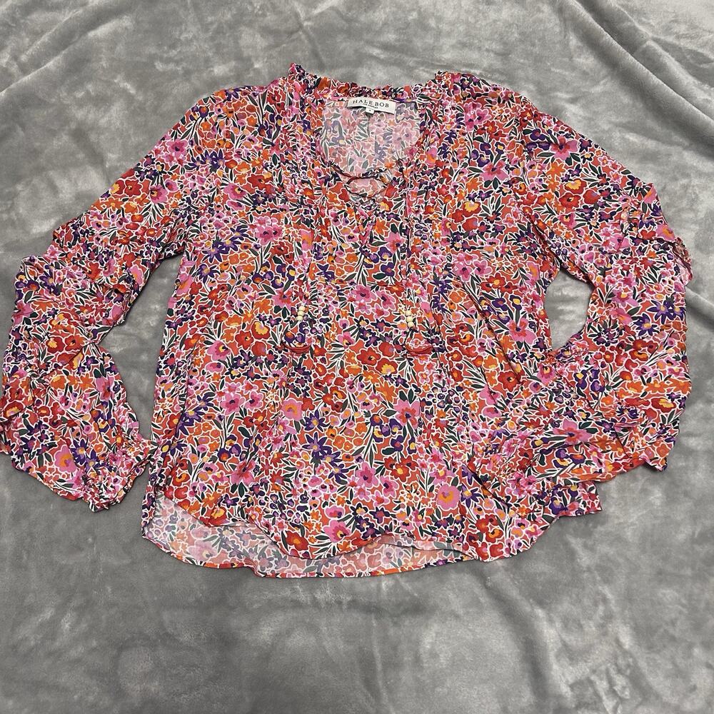 Hale Bob Top Small 100% viscose pink white floral boho lace up Resort Spring
